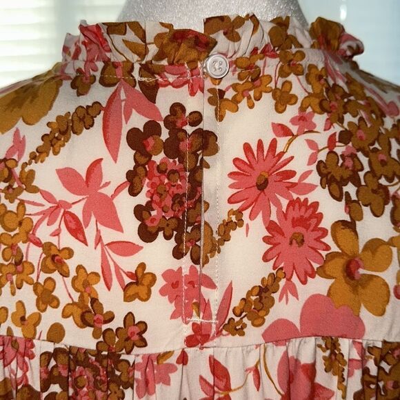 LOFT M White Pink Brown Orange Floral Flutter Sleeve Mock Ruffle Neck Blouse - Picture 8 of 10